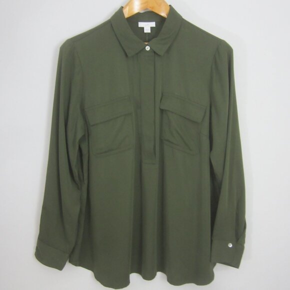 New J Jill Womens Medium Olive Leaf Green LS Rayon Shirt Blouse Pockets NWT $89 - Picture 8 of 13
